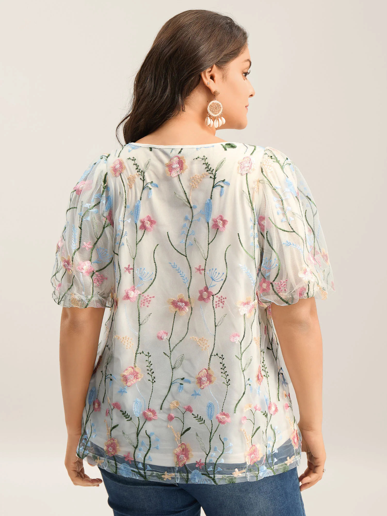 Floral Embroidered Mesh Bubble Sleeve Blouse - Image 5