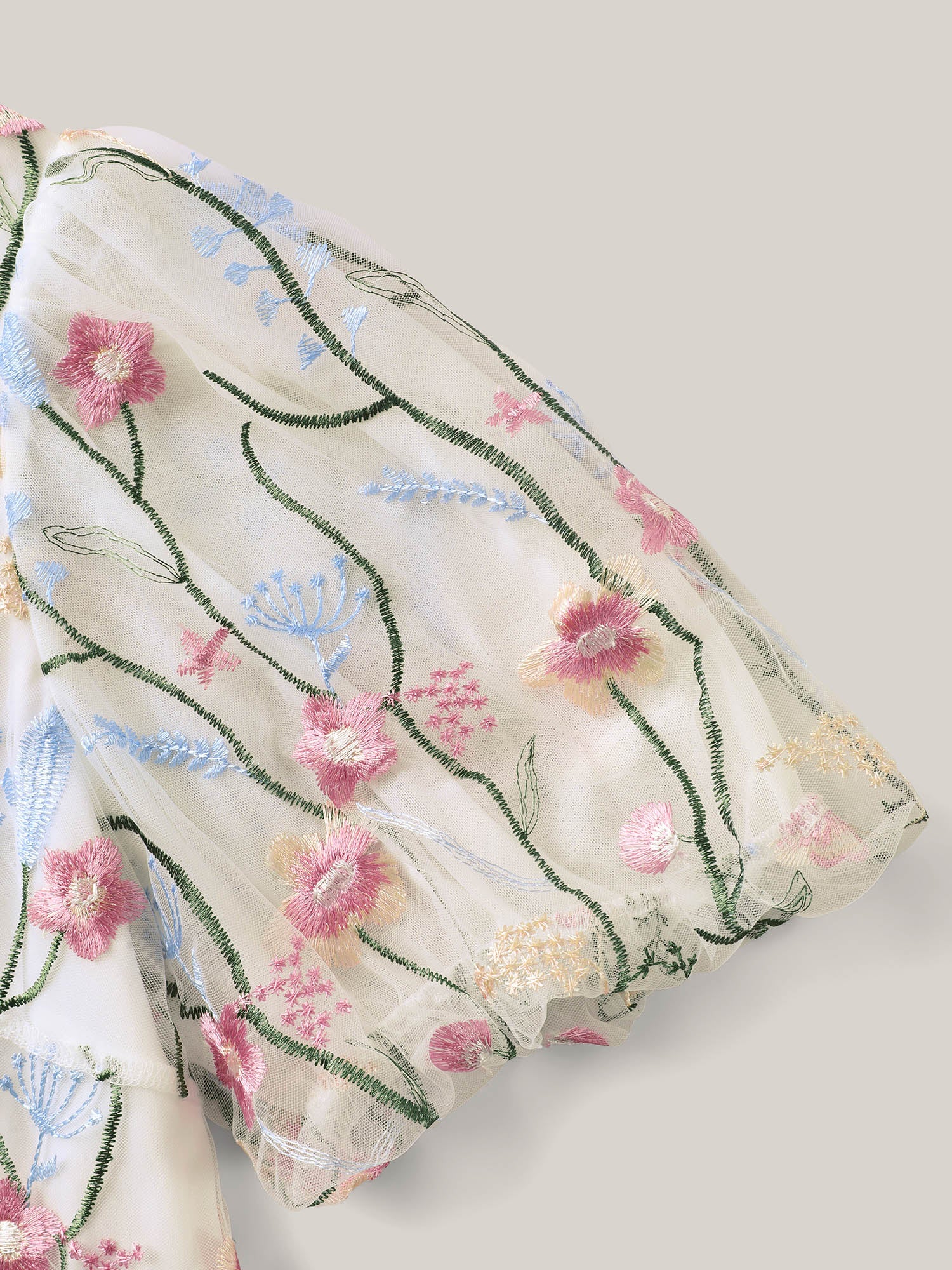 Floral Embroidered Mesh Bubble Sleeve Blouse - Image 6