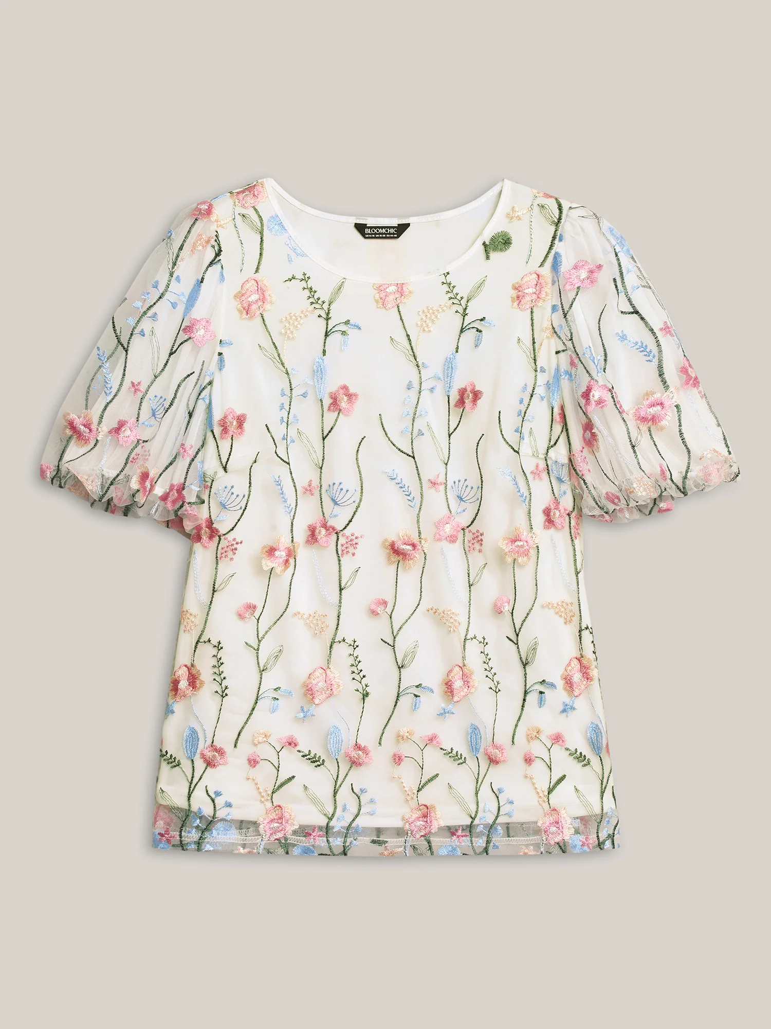 Floral Embroidered Mesh Bubble Sleeve Blouse - Image 8