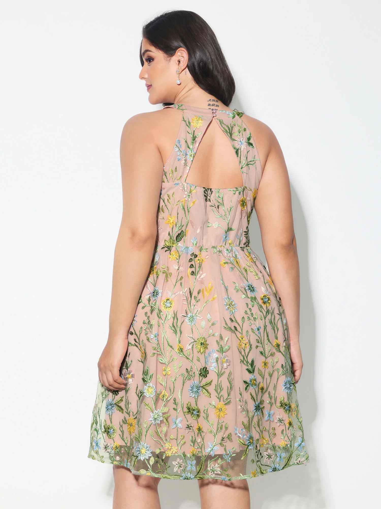 Floral Embroidered Mesh Fit And Flare Mini Dress - Image 5