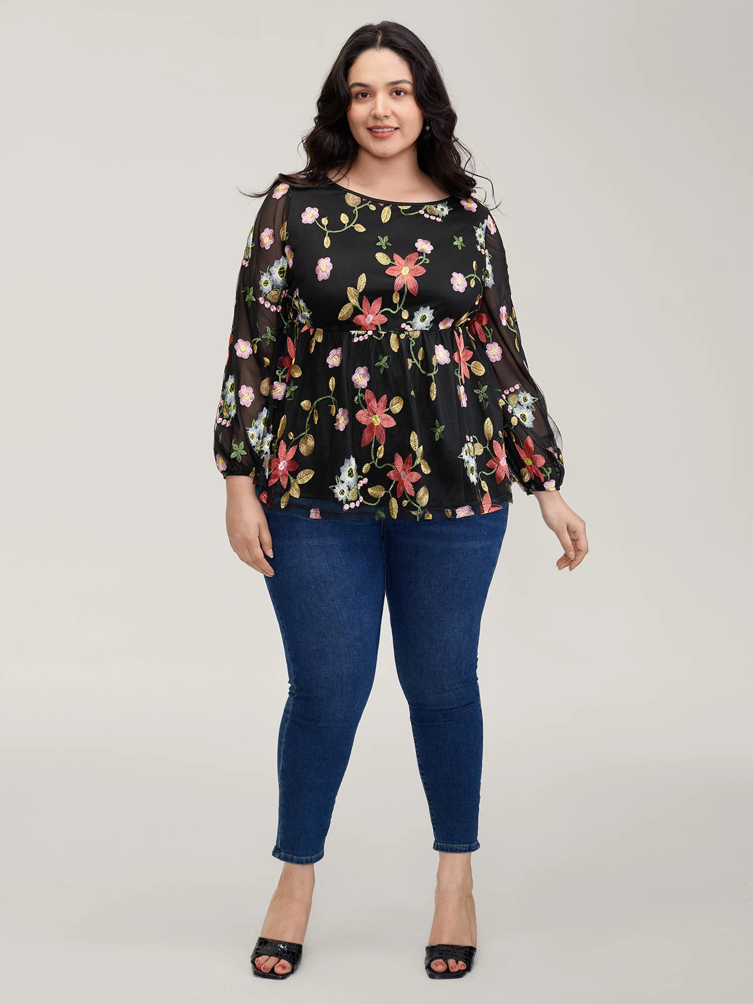 Floral Embroidered Mesh Knit Top - Image 3