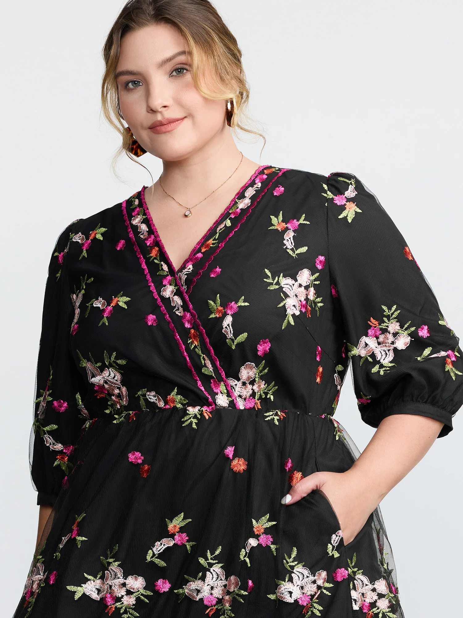Floral Embroidered Mesh Lined Party Dress - Image 2