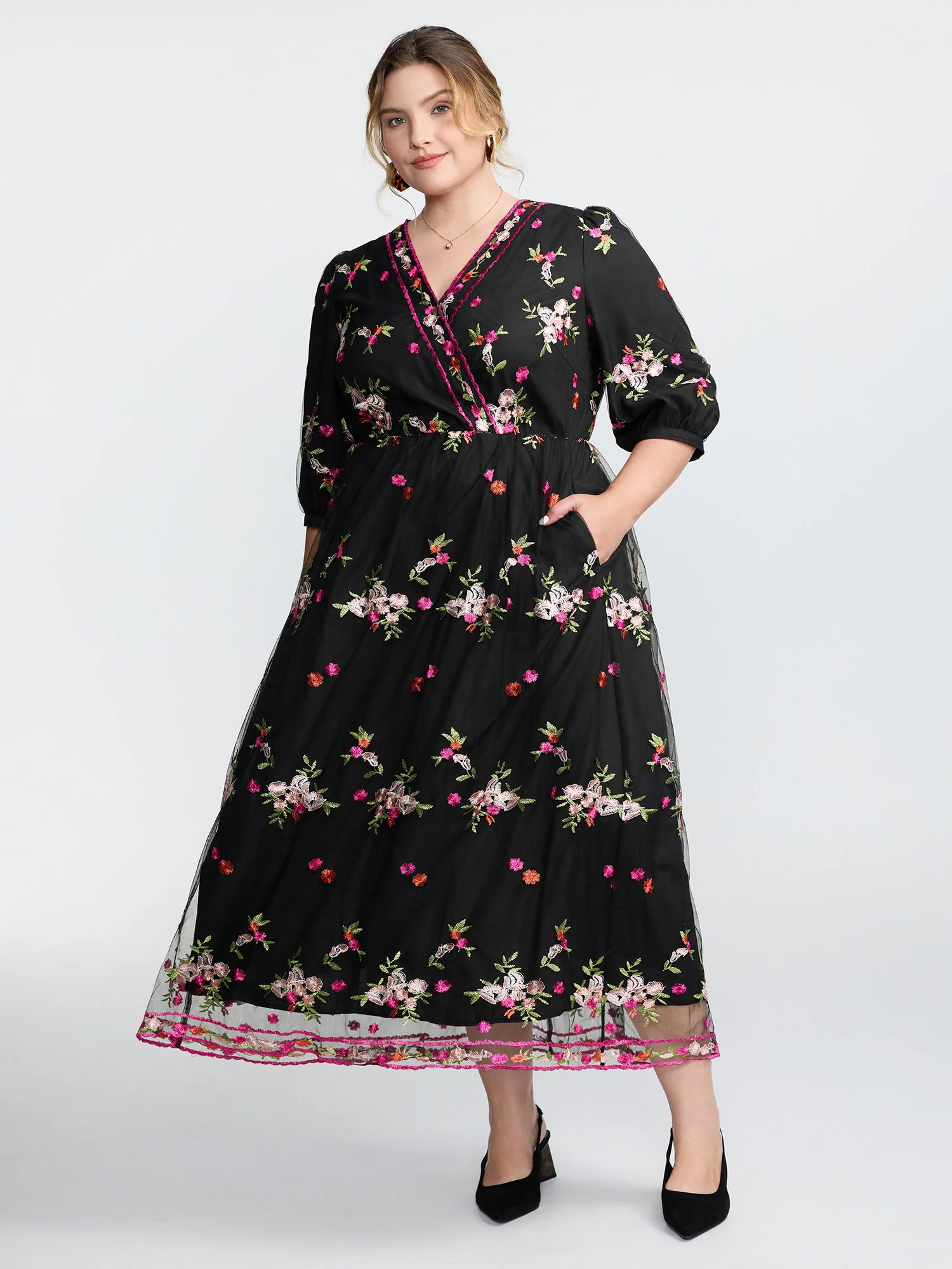 Floral Embroidered Mesh Lined Party Dress - Image 3