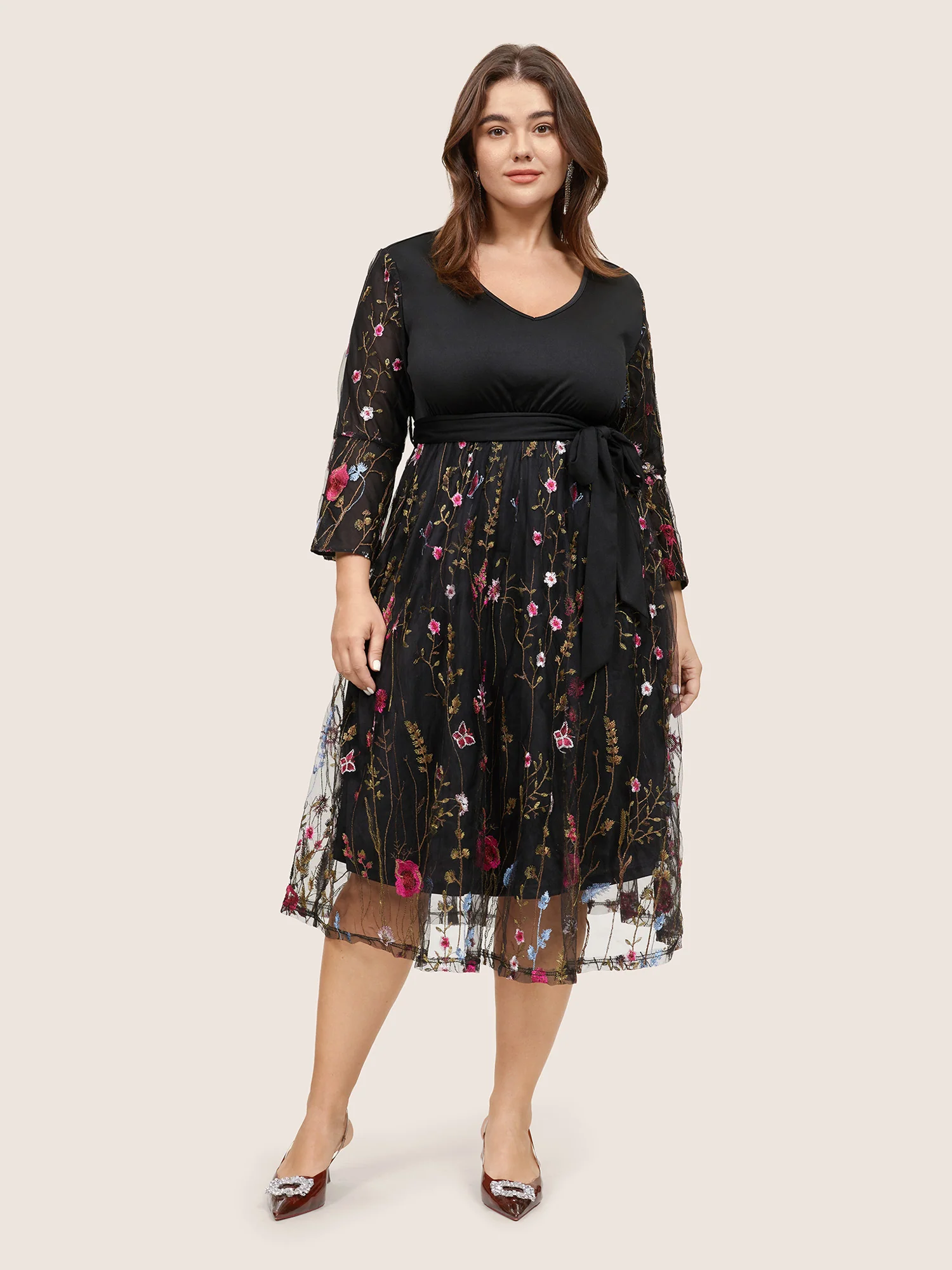 Floral Embroidered Mesh Patchwork Bell Sleeve Dress - Image 2