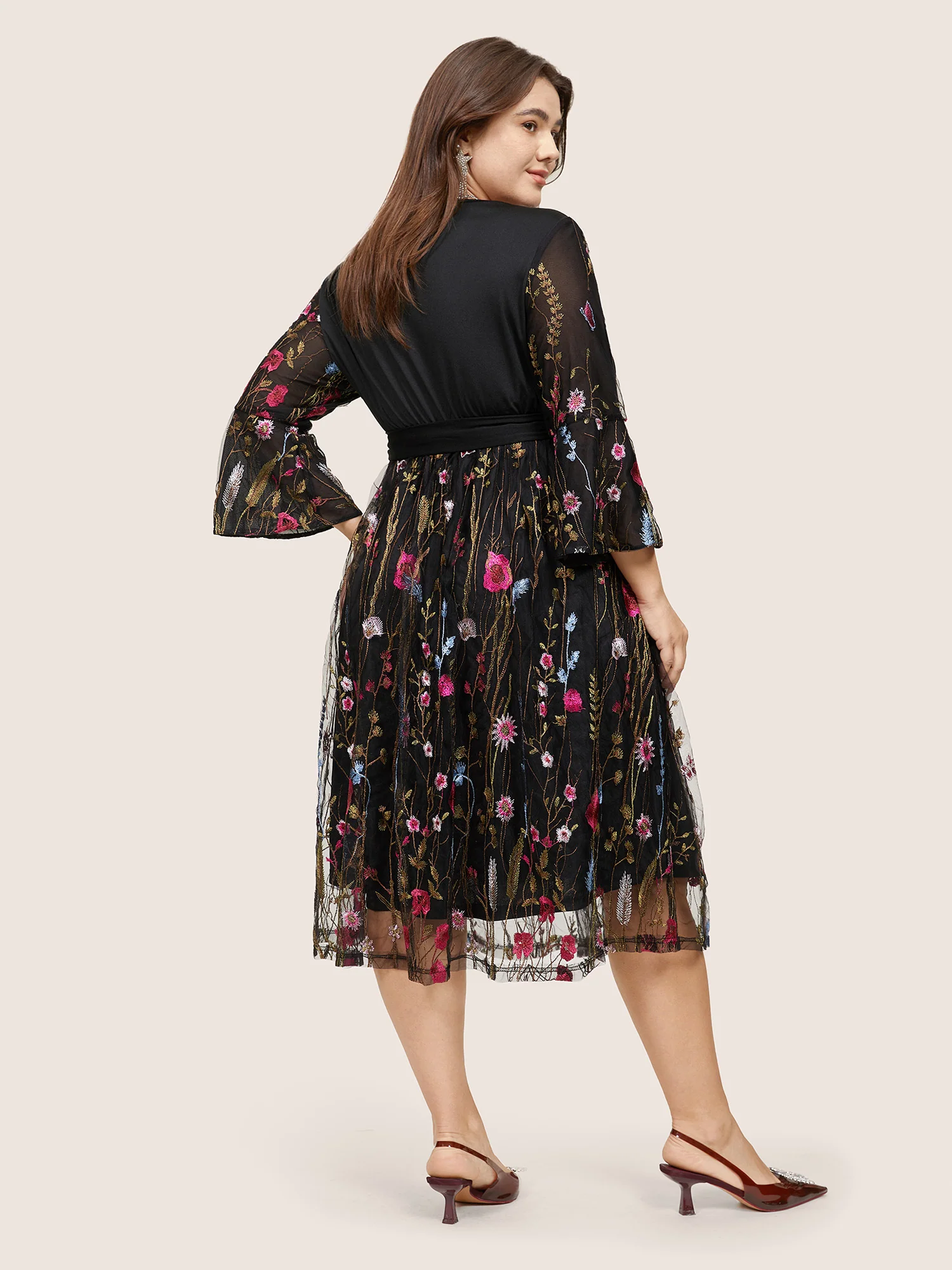 Floral Embroidered Mesh Patchwork Bell Sleeve Dress - Image 4
