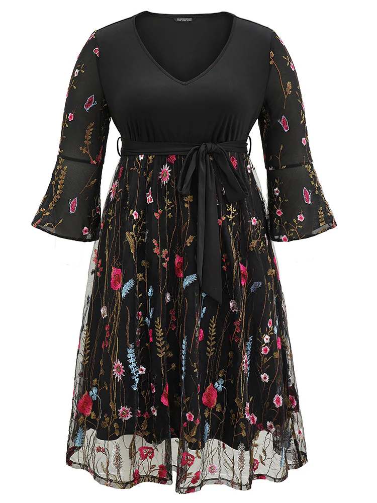 Floral Embroidered Mesh Patchwork Bell Sleeve Dress - Image 5