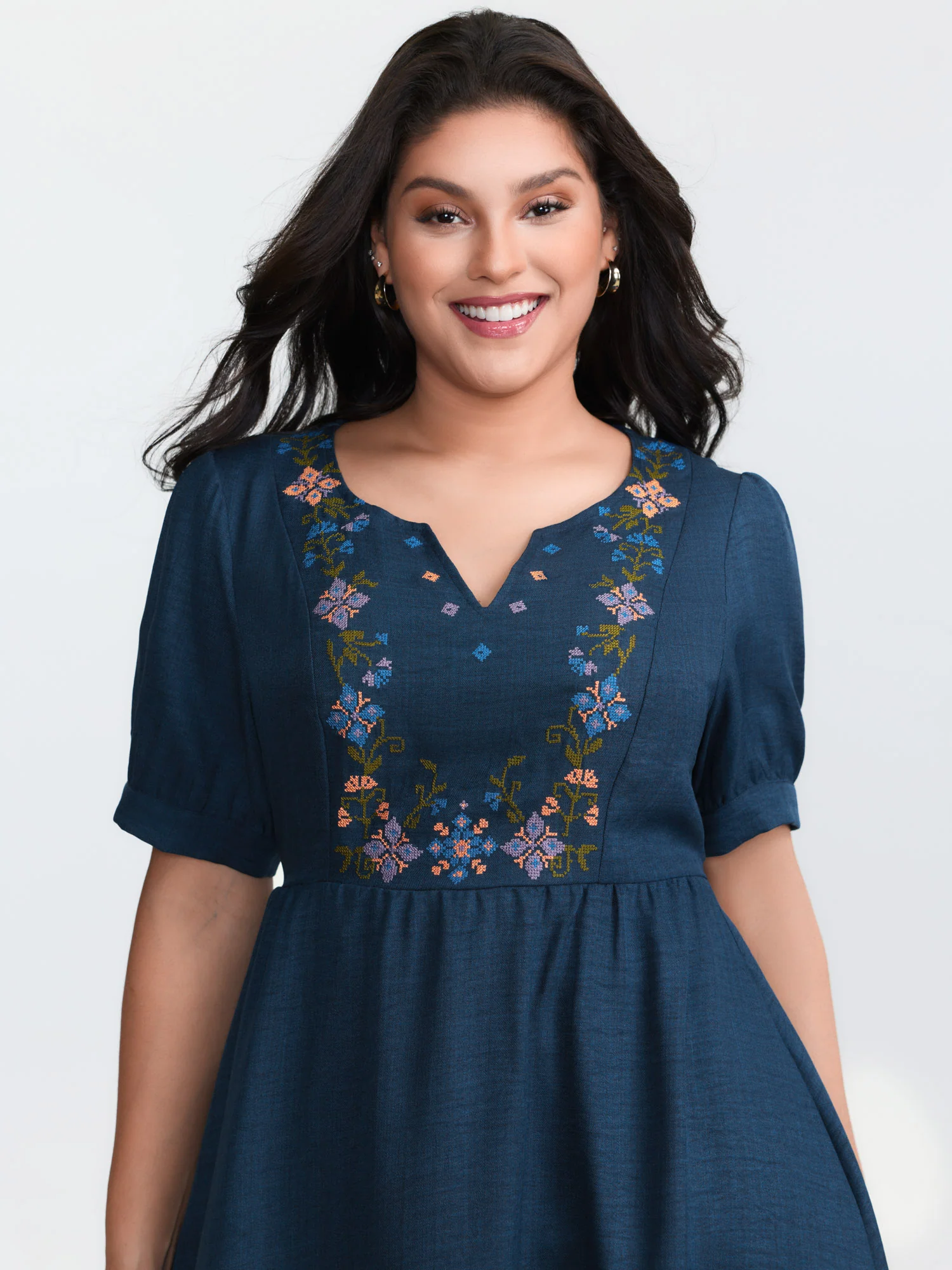 Floral Embroidered Neckline Textured Mini Dress - Image 2