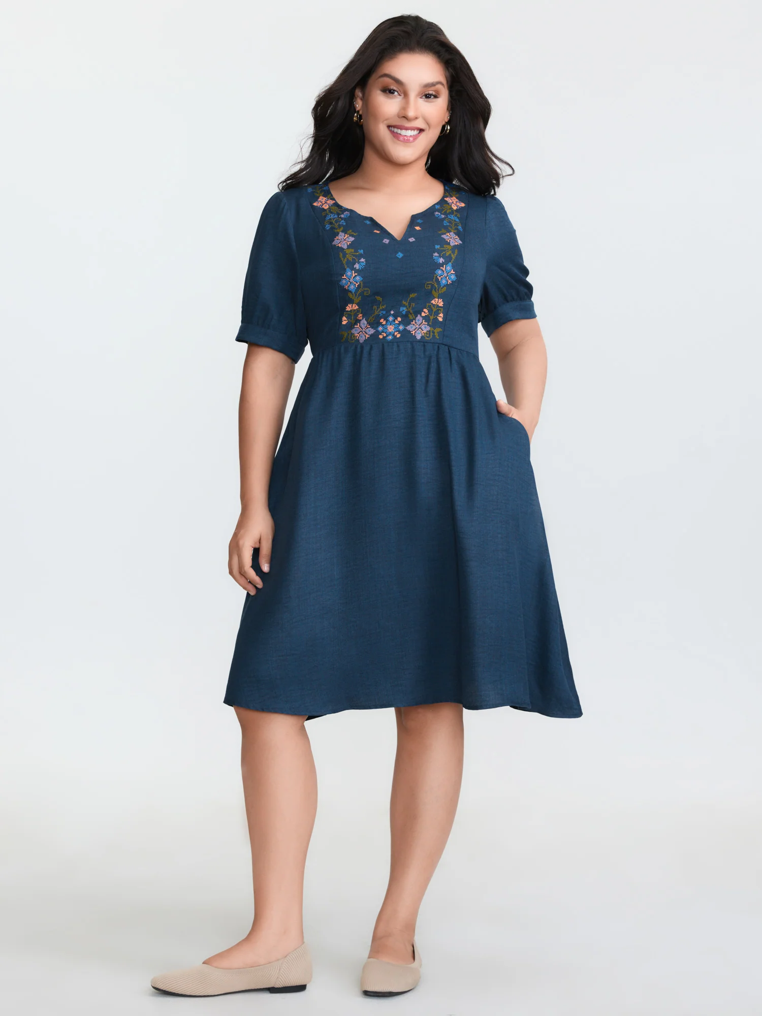 Floral Embroidered Neckline Textured Mini Dress - Image 3