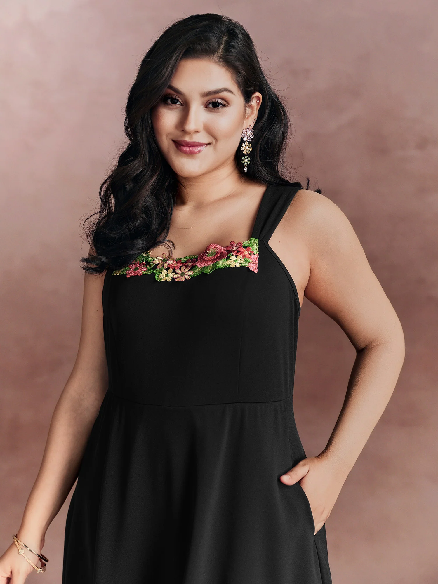 Floral Embroidered Neckline Built-in Bottoms Mini Dress - Image 2