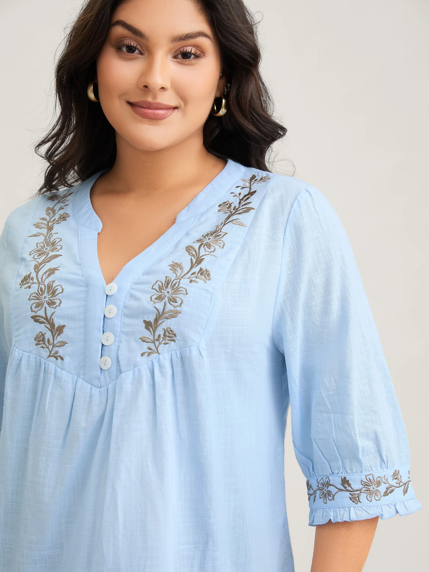 Cotton Floral Embroidered Notched Collar Frill Trim Blouse - Image 3