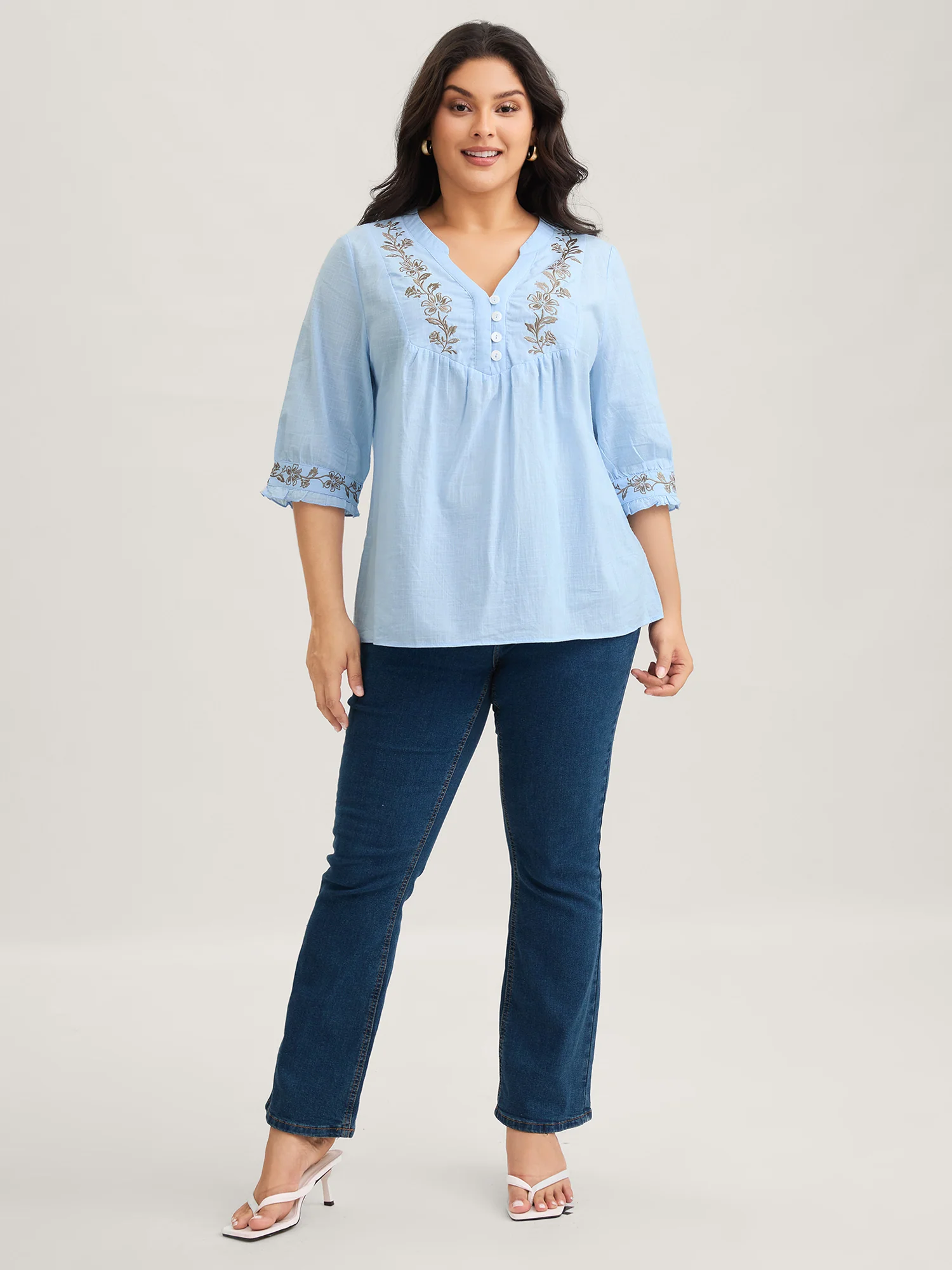 Cotton Floral Embroidered Notched Collar Frill Trim Blouse - Image 4