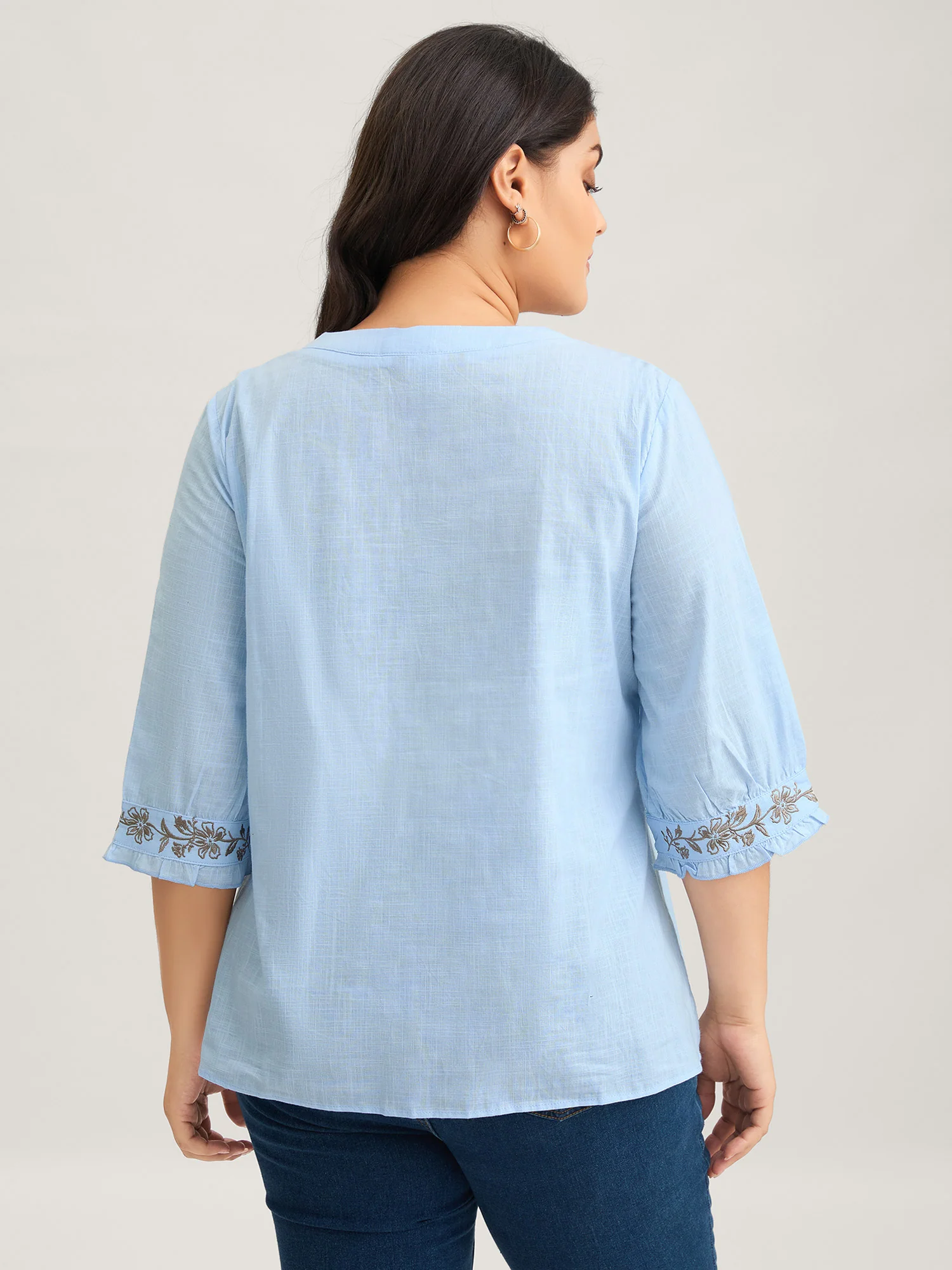 Cotton Floral Embroidered Notched Collar Frill Trim Blouse - Image 5