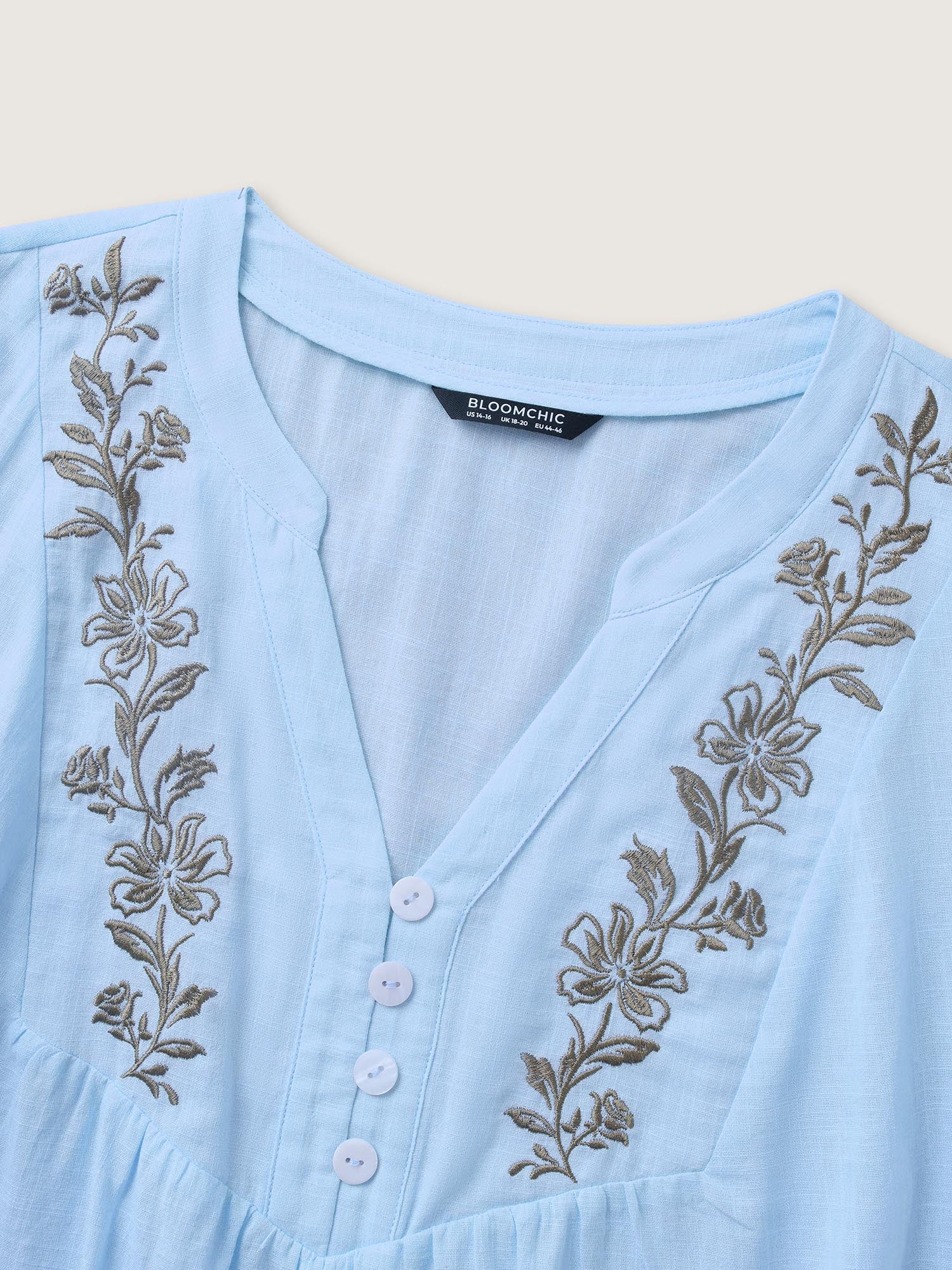Cotton Floral Embroidered Notched Collar Frill Trim Blouse - Image 6