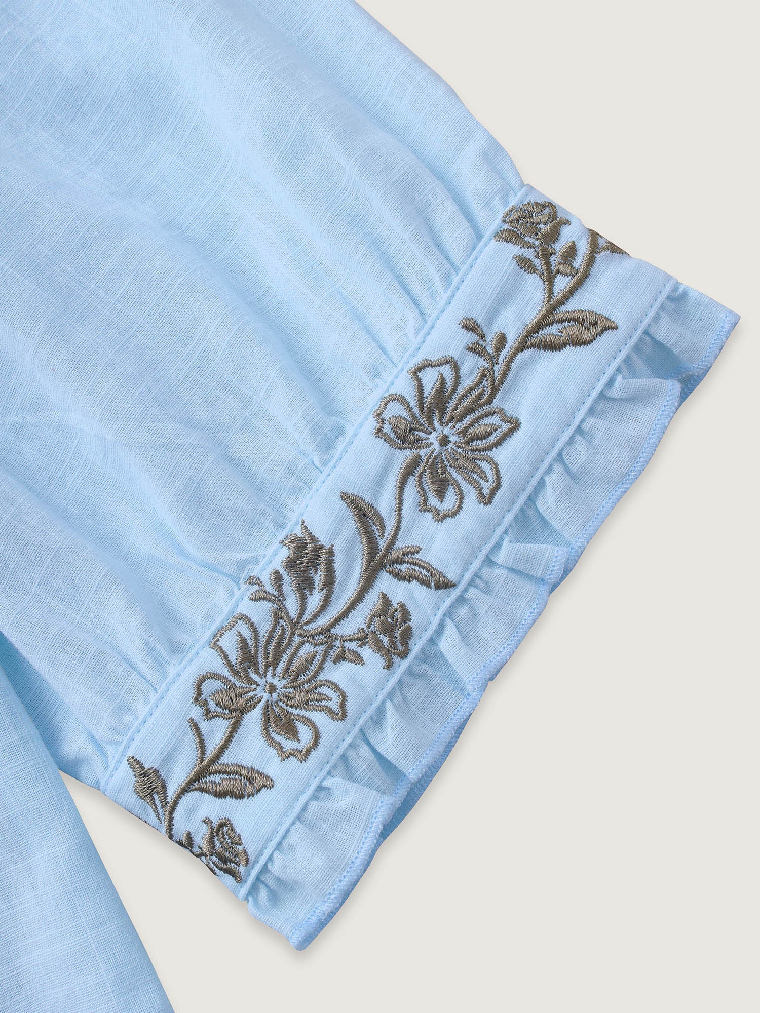 Cotton Floral Embroidered Notched Collar Frill Trim Blouse - Image 7