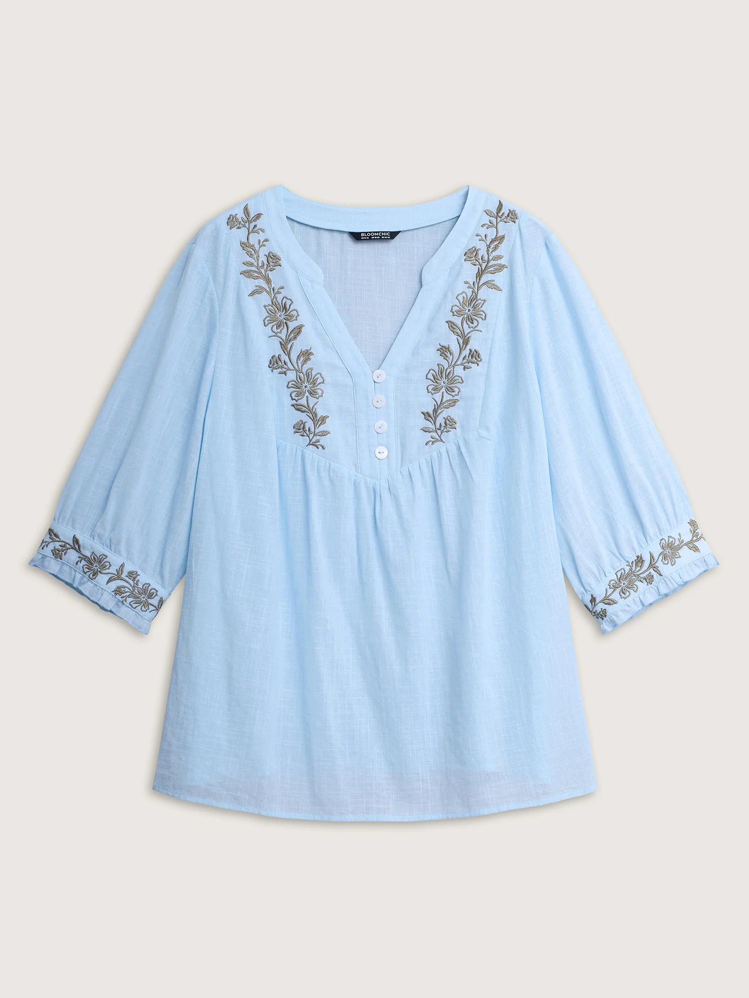Cotton Floral Embroidered Notched Collar Frill Trim Blouse - Image 8