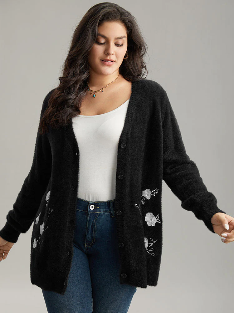 Floral Embroidered Fuzzy Open Front Cardigan - Image 3
