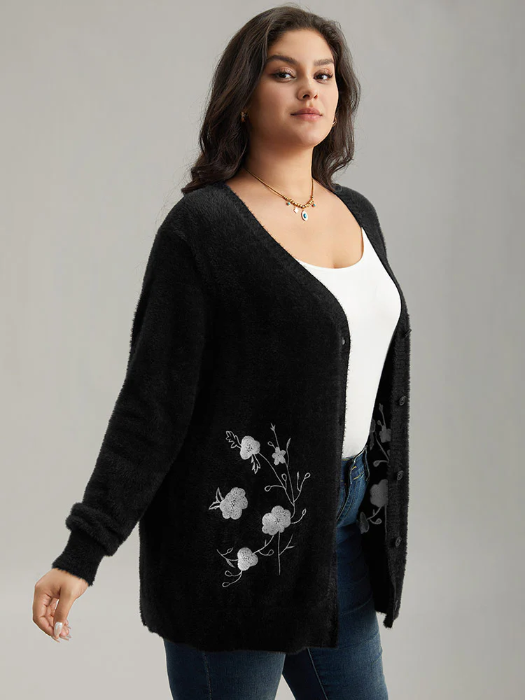 Floral Embroidered Fuzzy Open Front Cardigan - Image 4