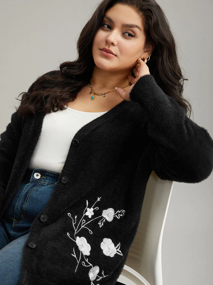 Floral Embroidered Fuzzy Open Front Cardigan - Image 5
