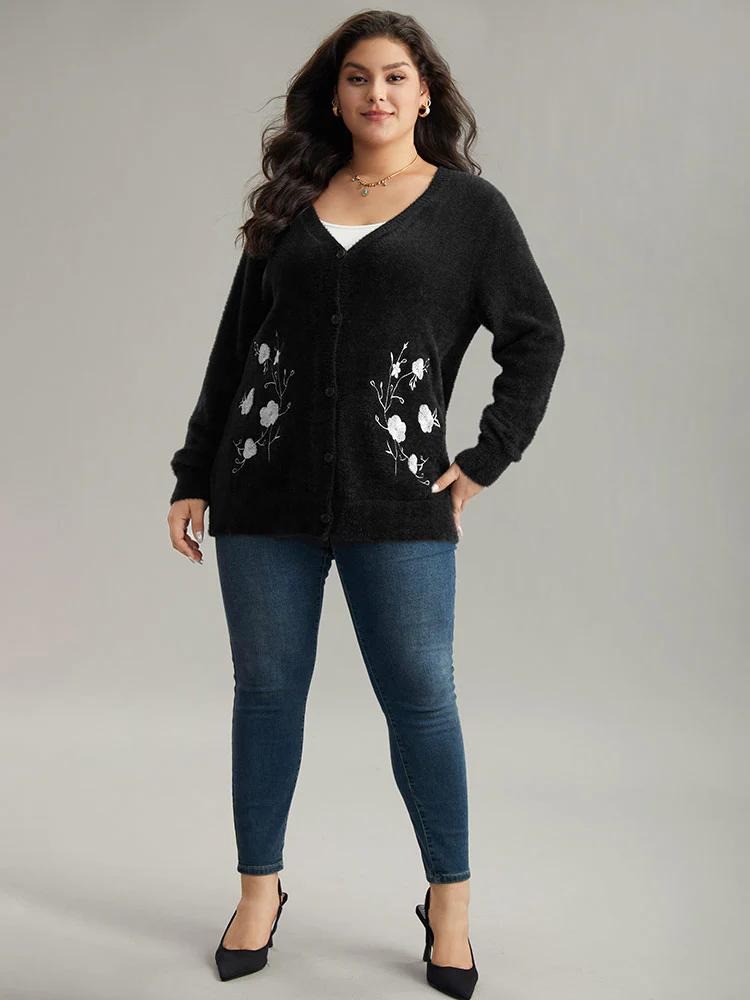Floral Embroidered Fuzzy Open Front Cardigan - Image 6