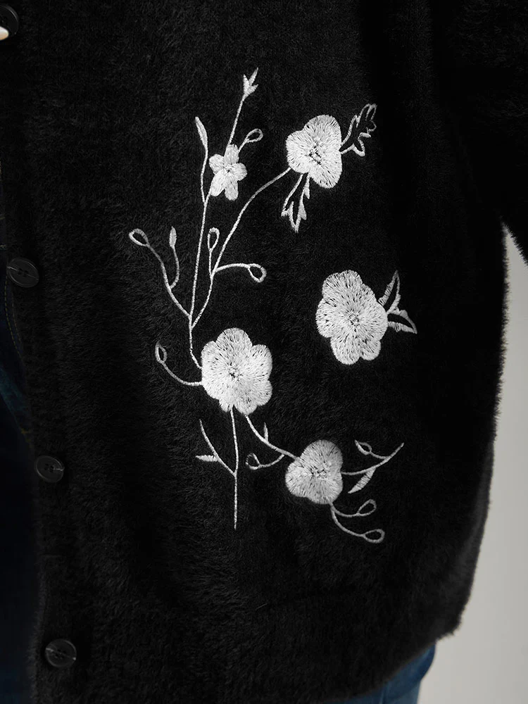 Floral Embroidered Fuzzy Open Front Cardigan - Image 8