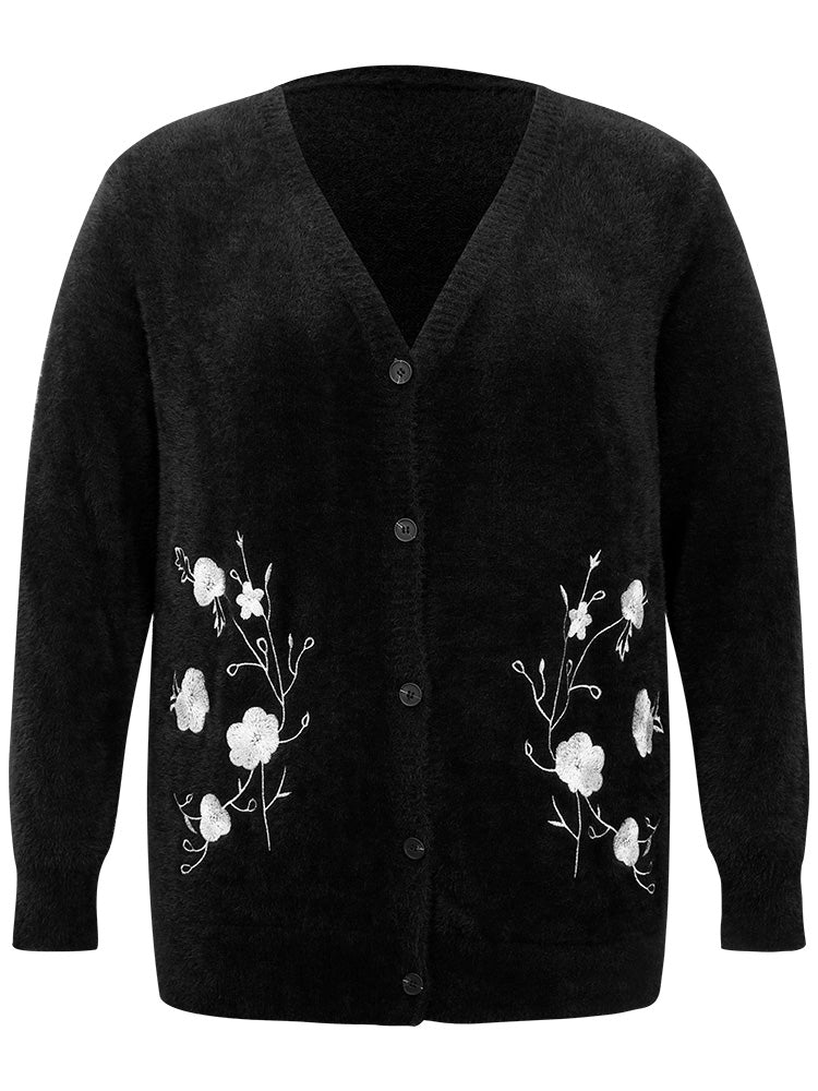 Floral Embroidered Fuzzy Open Front Cardigan - Image 9