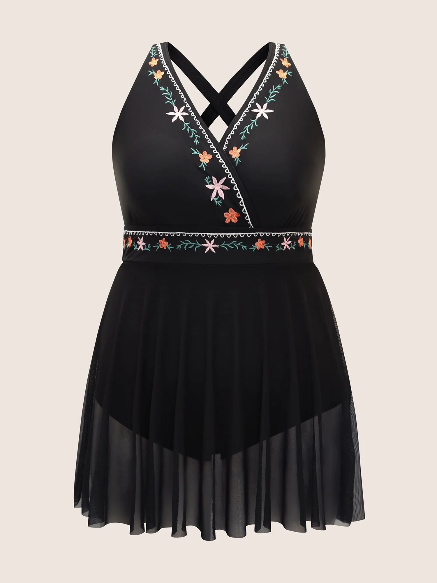 Floral Embroidered Overlap Collar Swim Dress - Image 10