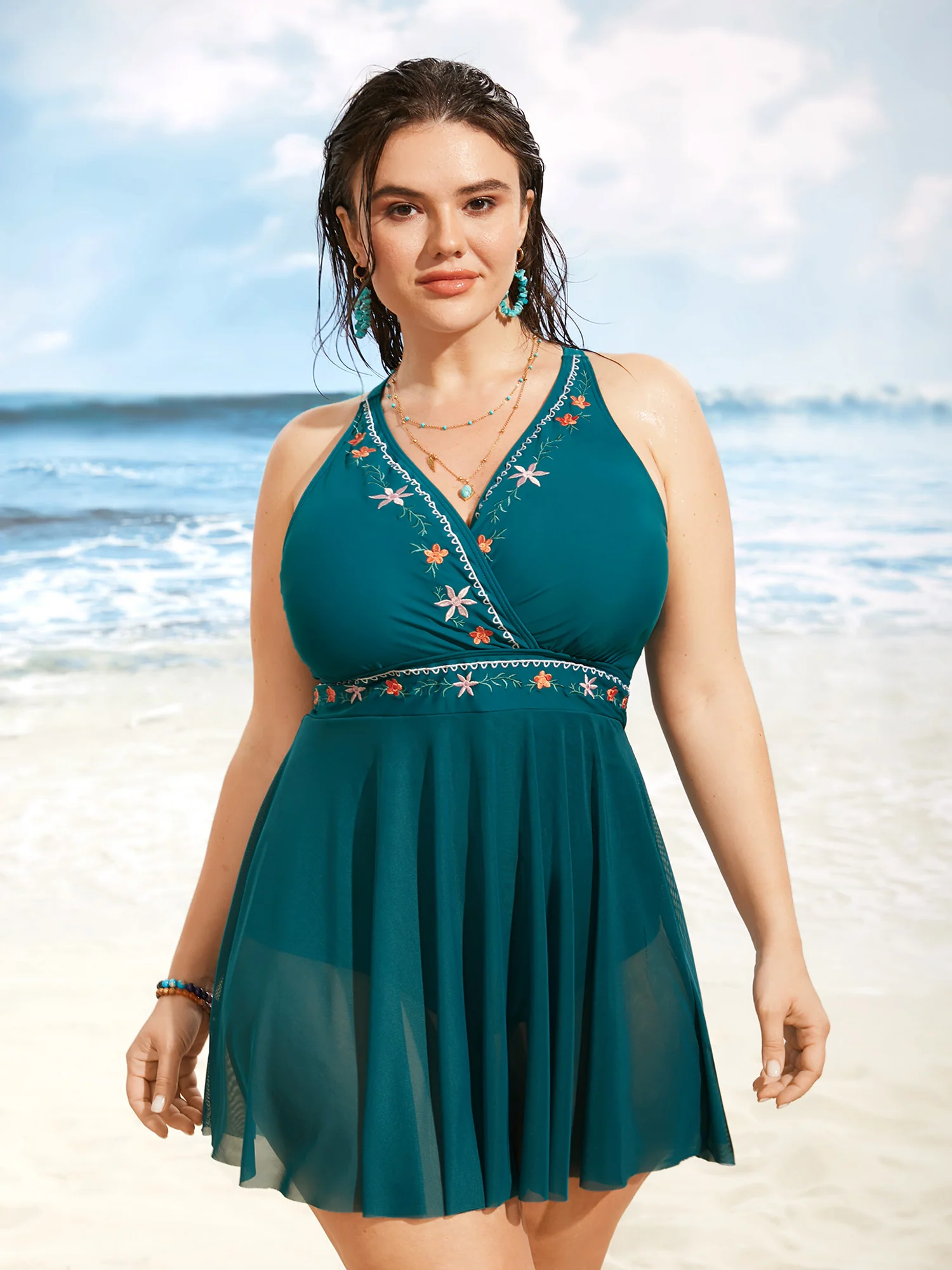 Floral Embroidered Overlap Collar Swim Dress - Image 15