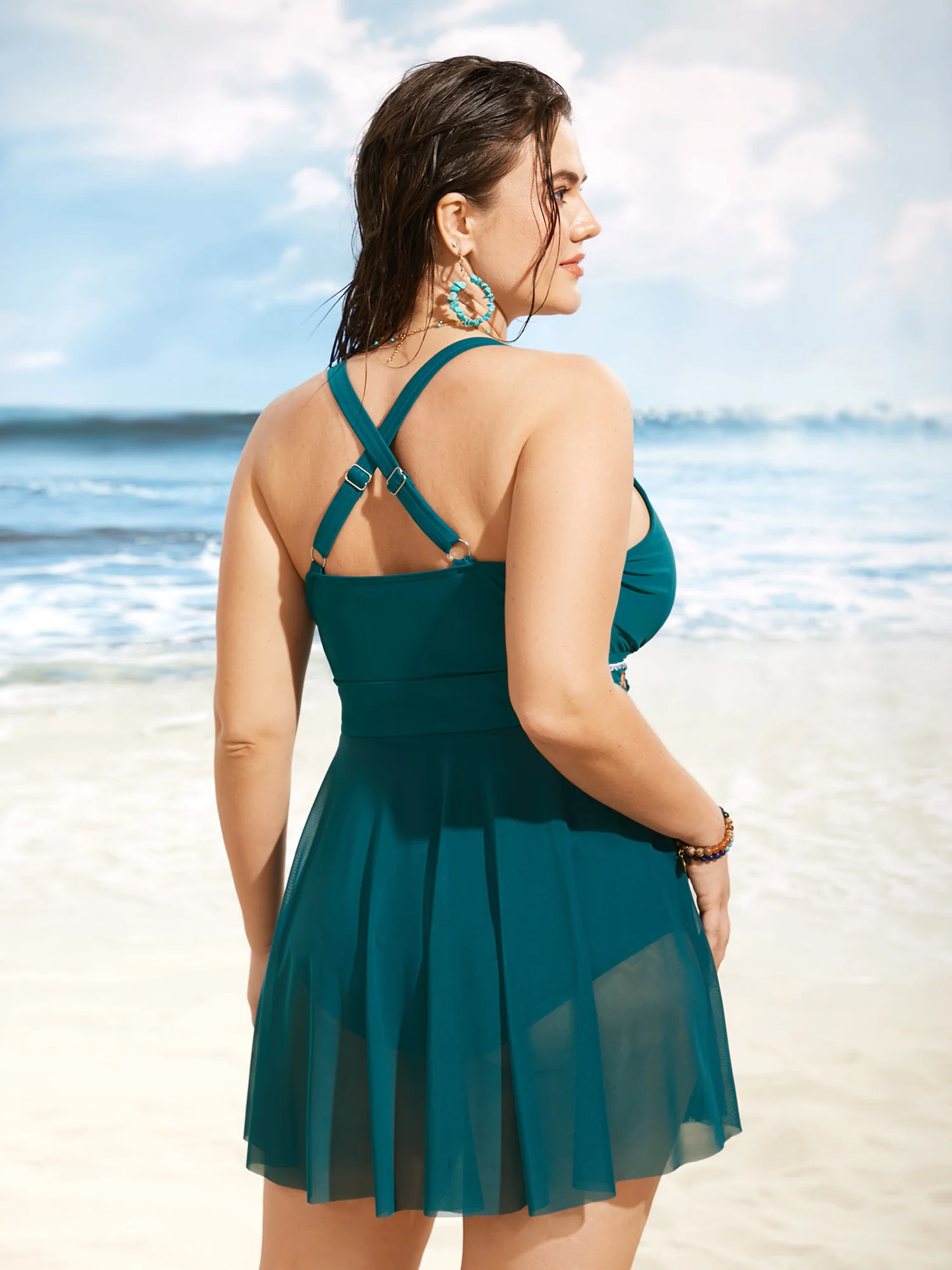 Floral Embroidered Overlap Collar Swim Dress - Image 16