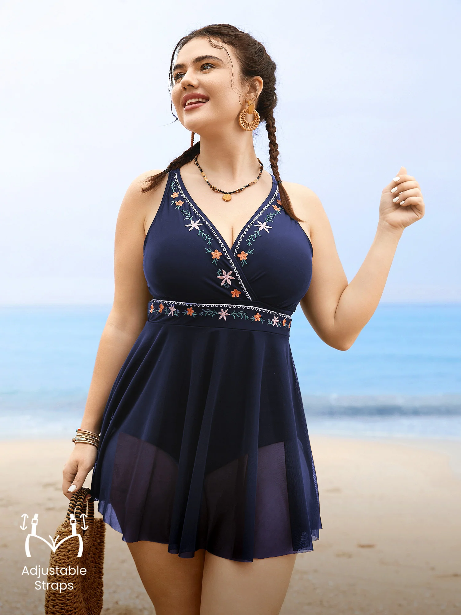 Floral Embroidered Overlap Collar Swim Dress - Image 17