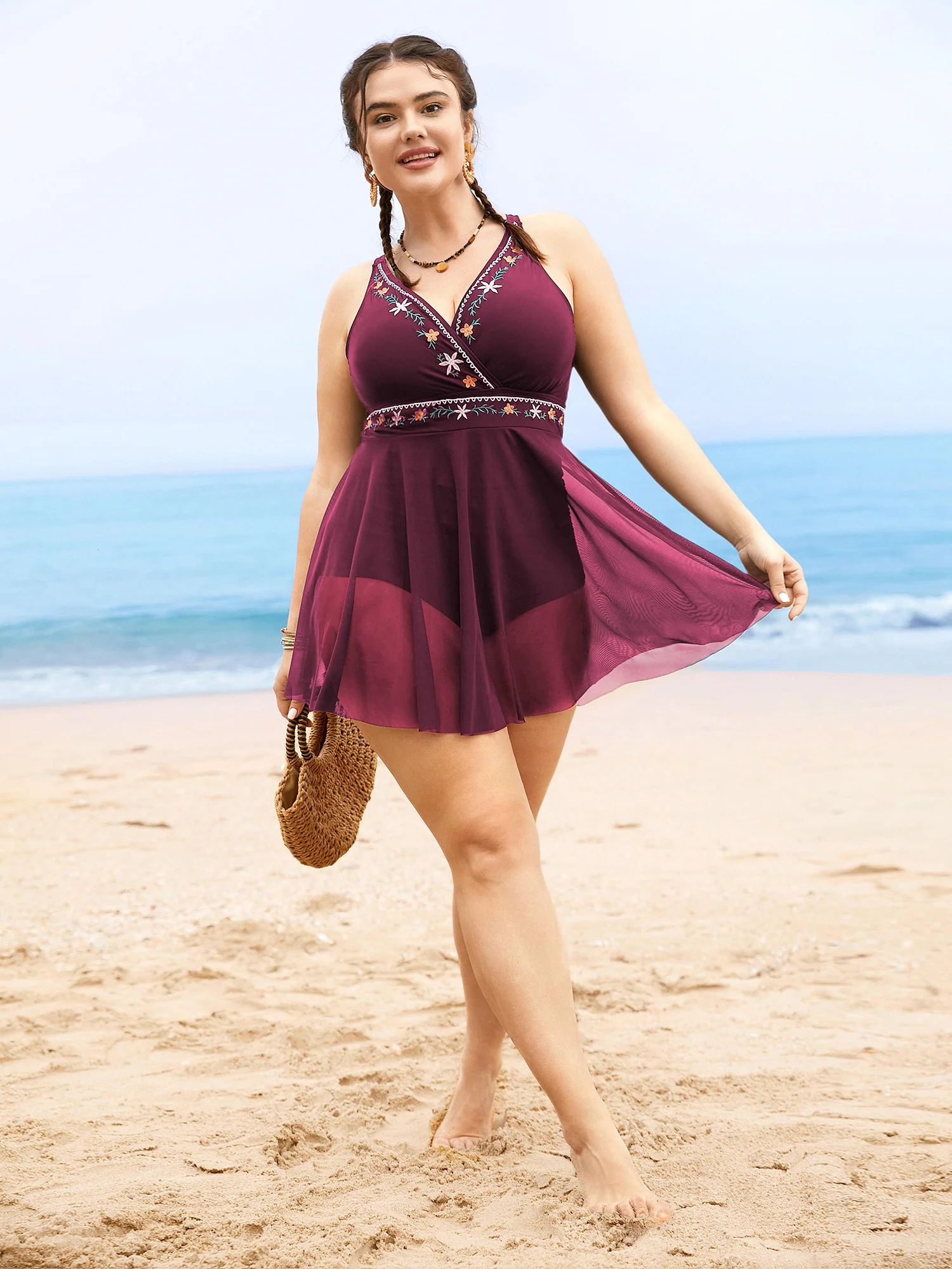 Floral Embroidered Overlap Collar Swim Dress - Image 23