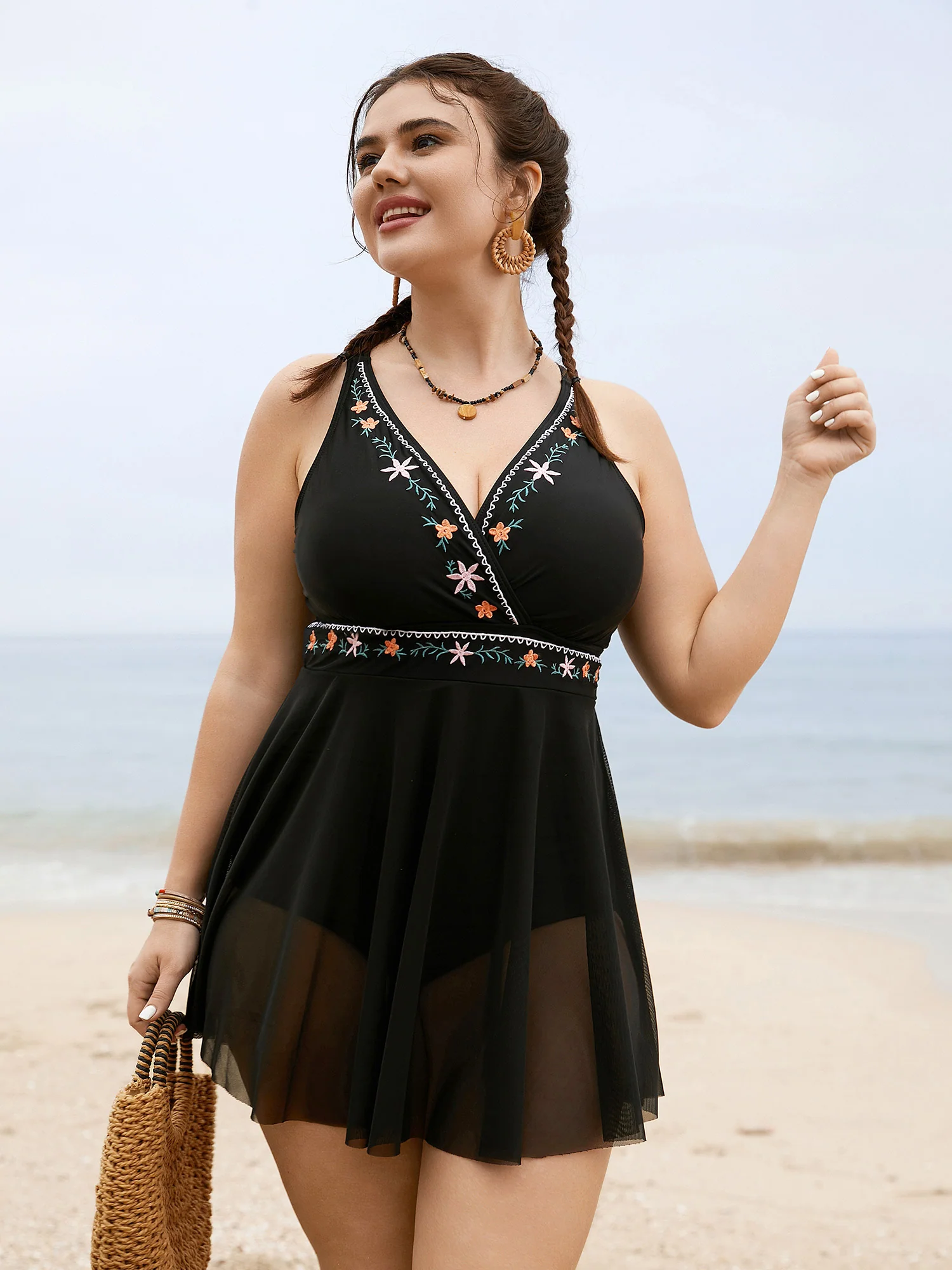 Floral Embroidered Overlap Collar Swim Dress - Image 3