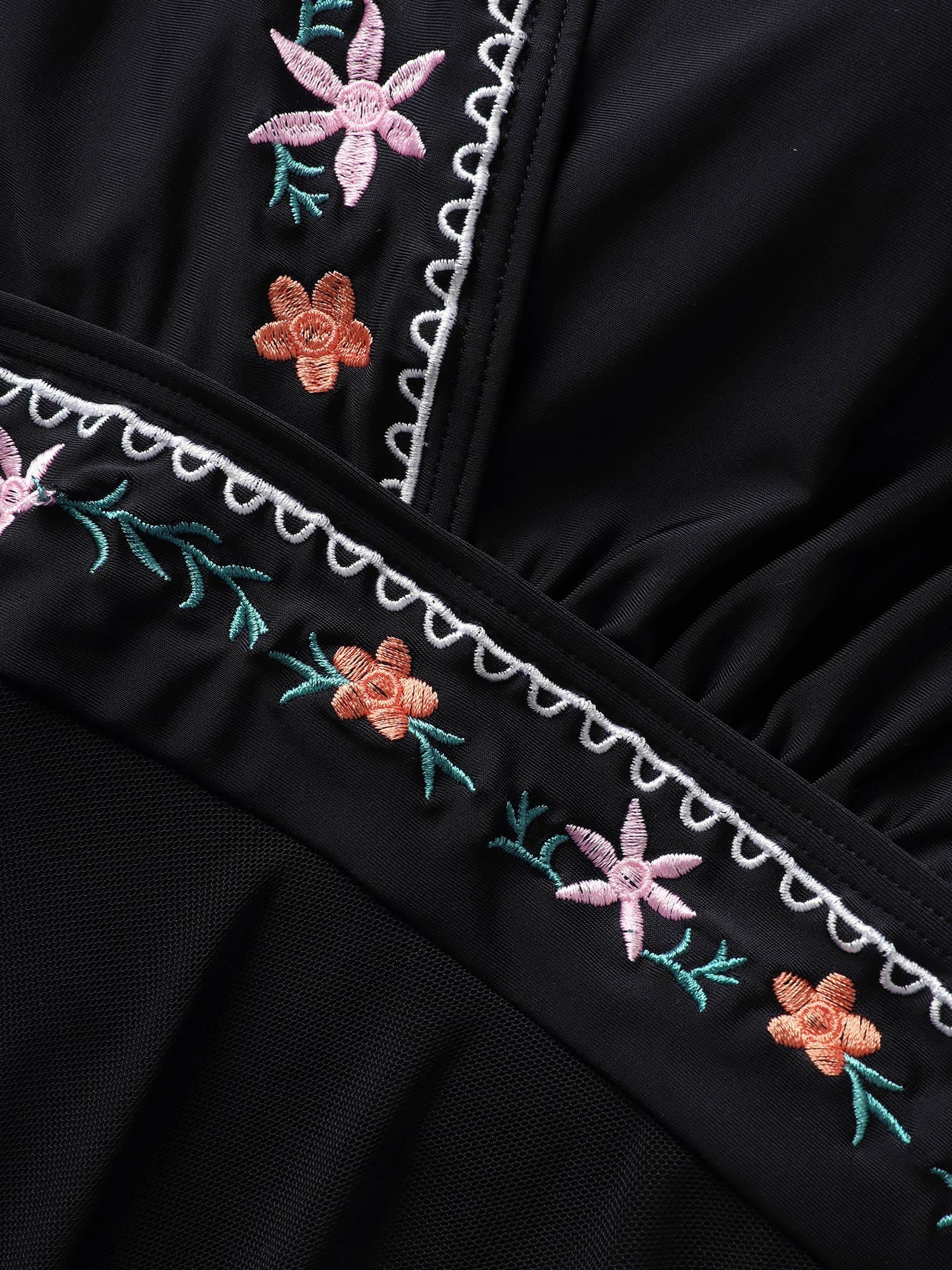 Floral Embroidered Overlap Collar Swim Dress - Image 9