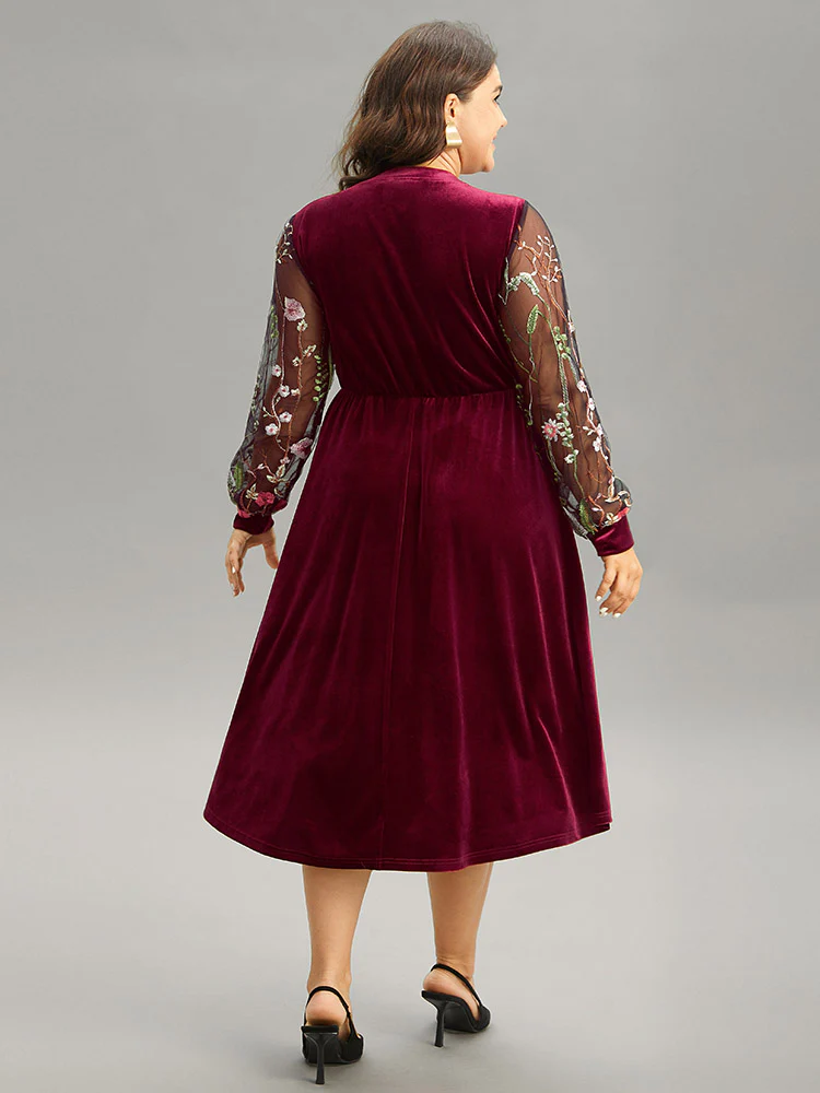 Floral Embroidered Patchwork Lace Velvet Mesh Dress - Image 2