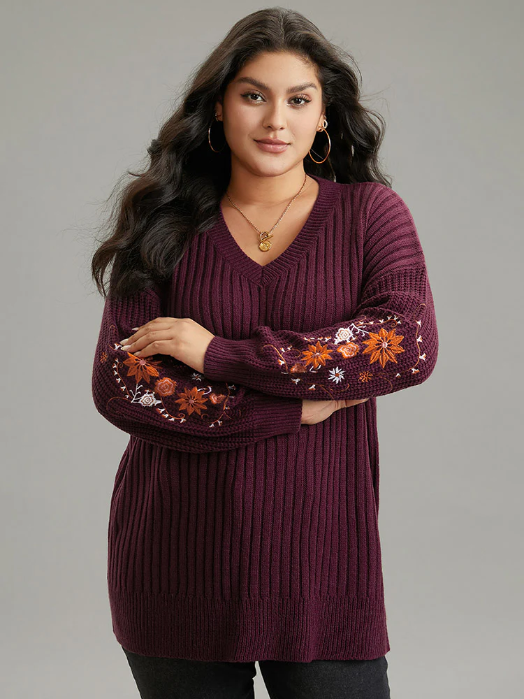 Floral Embroidered Plisse Drop Shoulder Pullover - Image 3