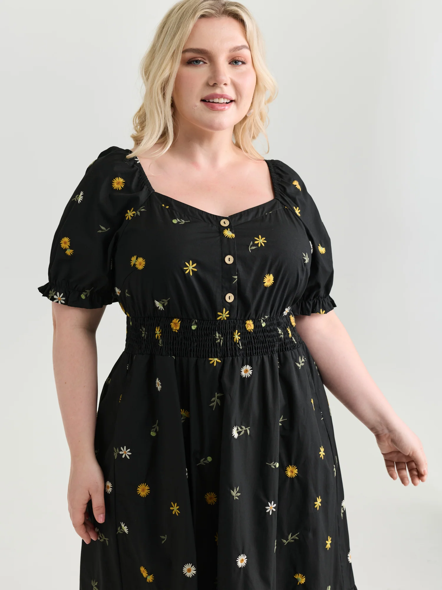 Cotton Floral Embroidered Pockets Shirred Waist Midi Dress - Image 2