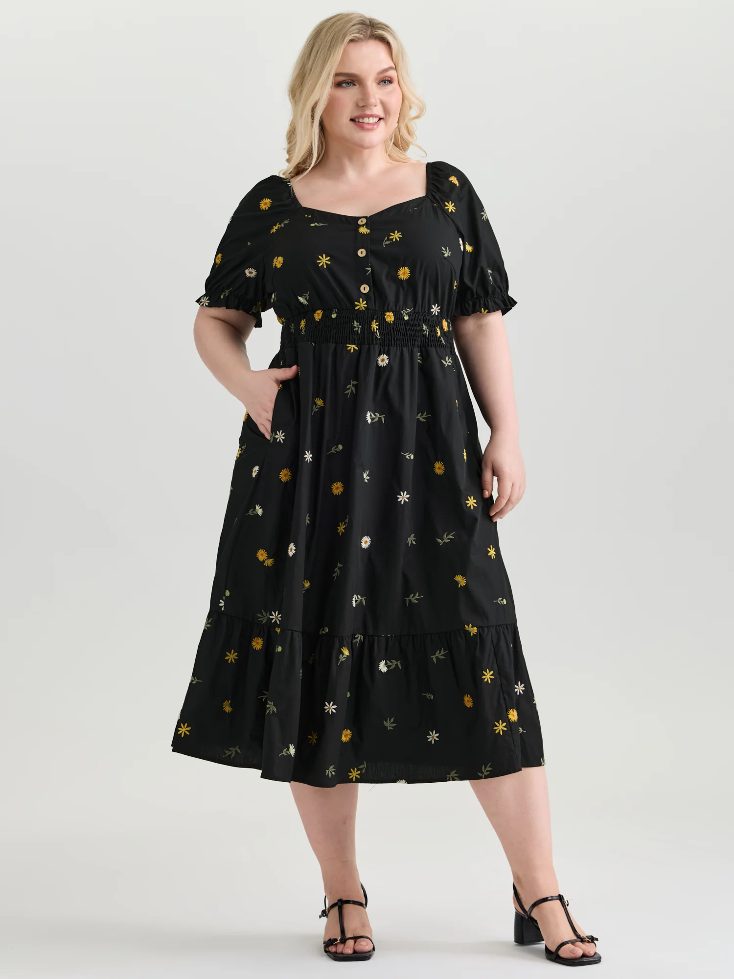 Cotton Floral Embroidered Pockets Shirred Waist Midi Dress - Image 3