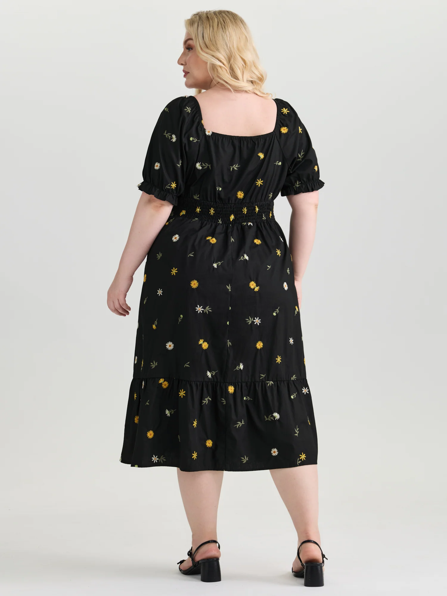 Cotton Floral Embroidered Pockets Shirred Waist Midi Dress - Image 4