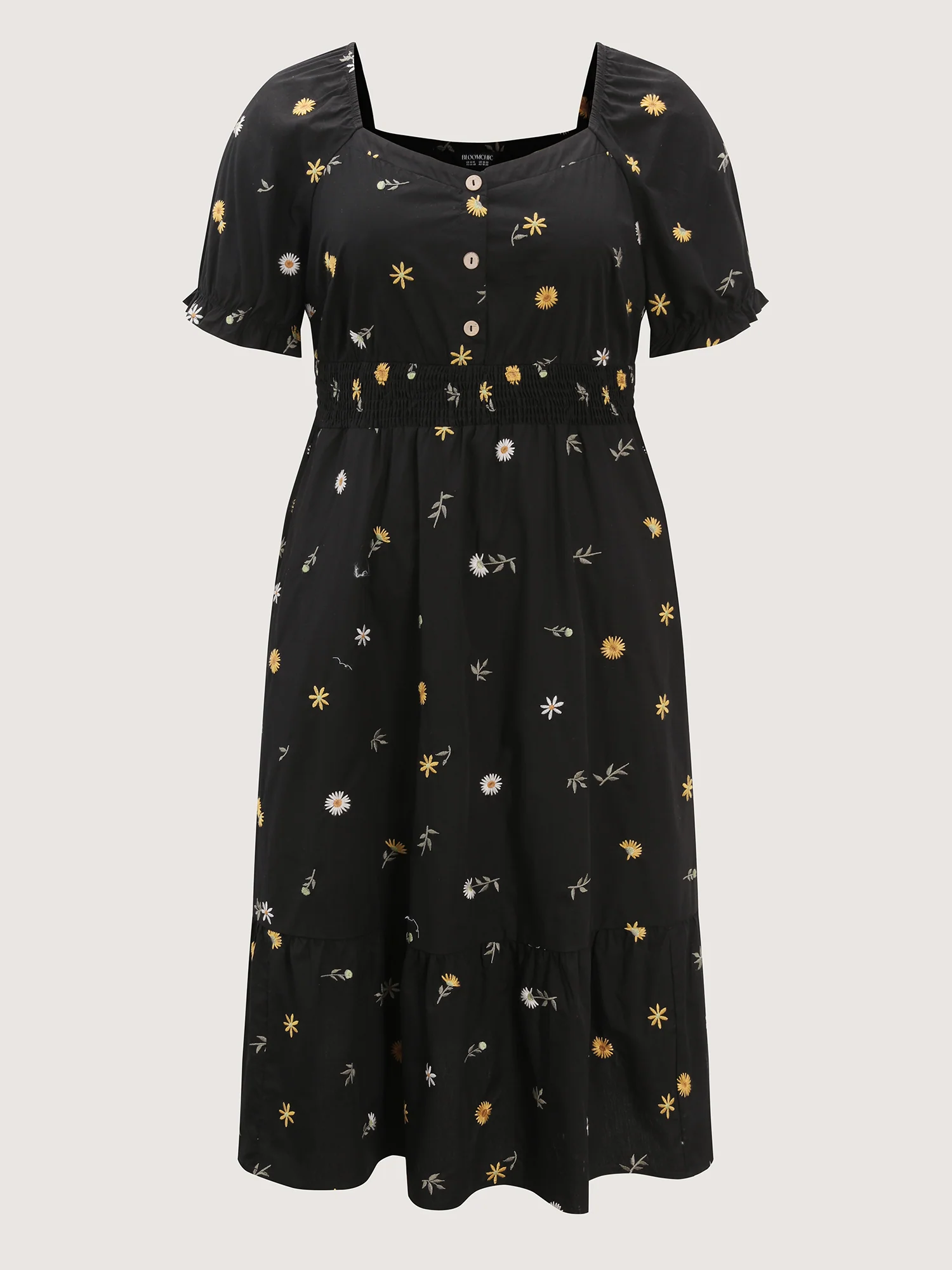 Cotton Floral Embroidered Pockets Shirred Waist Midi Dress - Image 7