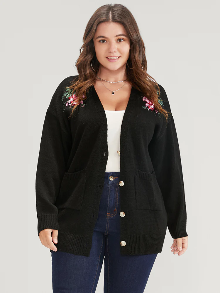Floral Embroidered Pointelle Knit Pocket Button Front Cardigan - Image 2