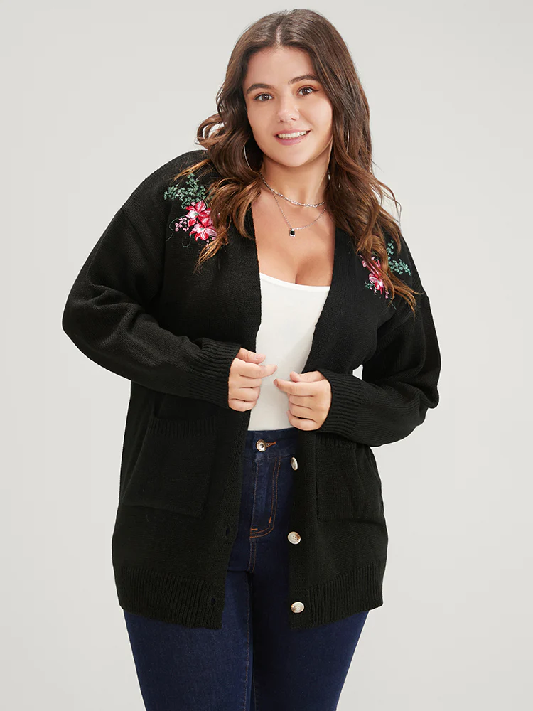 Floral Embroidered Pointelle Knit Pocket Button Front Cardigan - Image 3