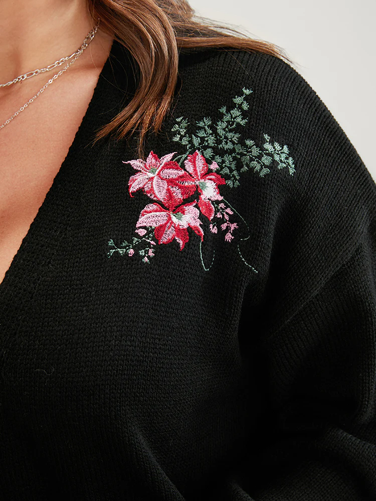 Floral Embroidered Pointelle Knit Pocket Button Front Cardigan - Image 4