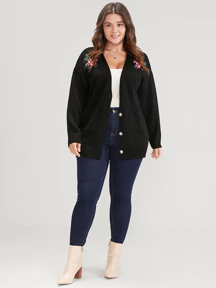 Floral Embroidered Pointelle Knit Pocket Button Front Cardigan - Image 5