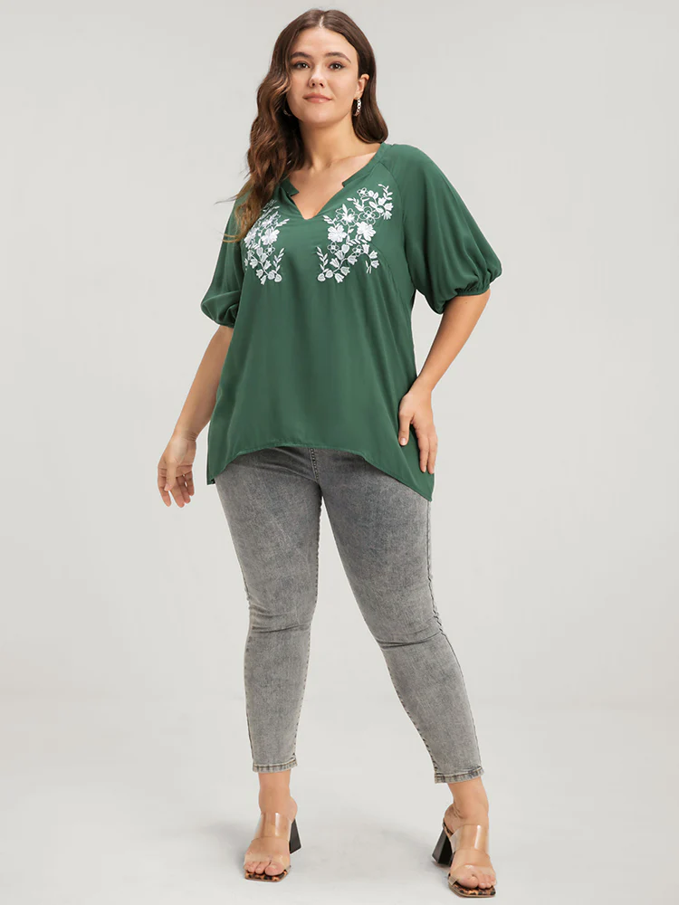 Floral Embroidered Puff Sleeve V Neck Blouse - Image 2