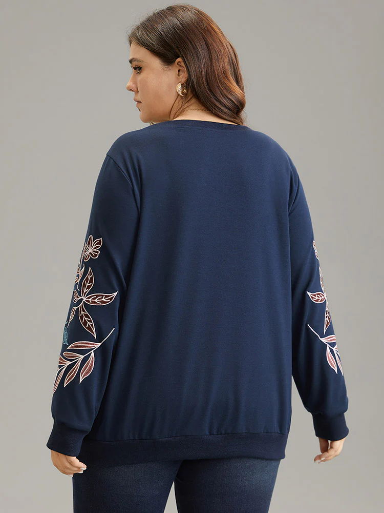 Plants Embroidered Rib Knit Crew Neck Sweatshirt - Image 3