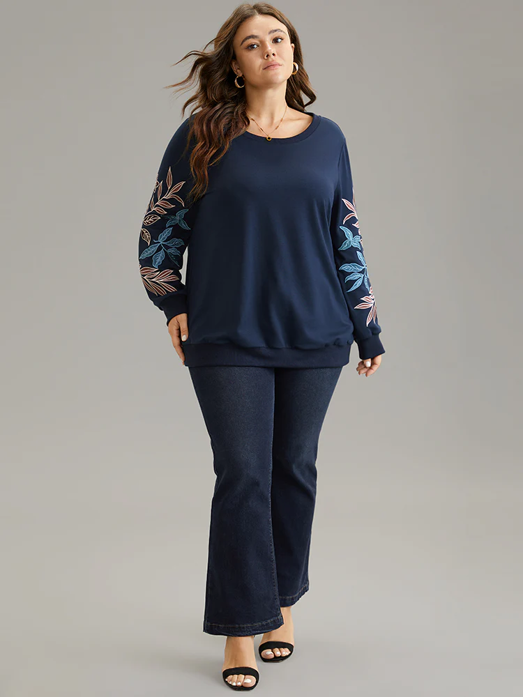 Plants Embroidered Rib Knit Crew Neck Sweatshirt - Image 4