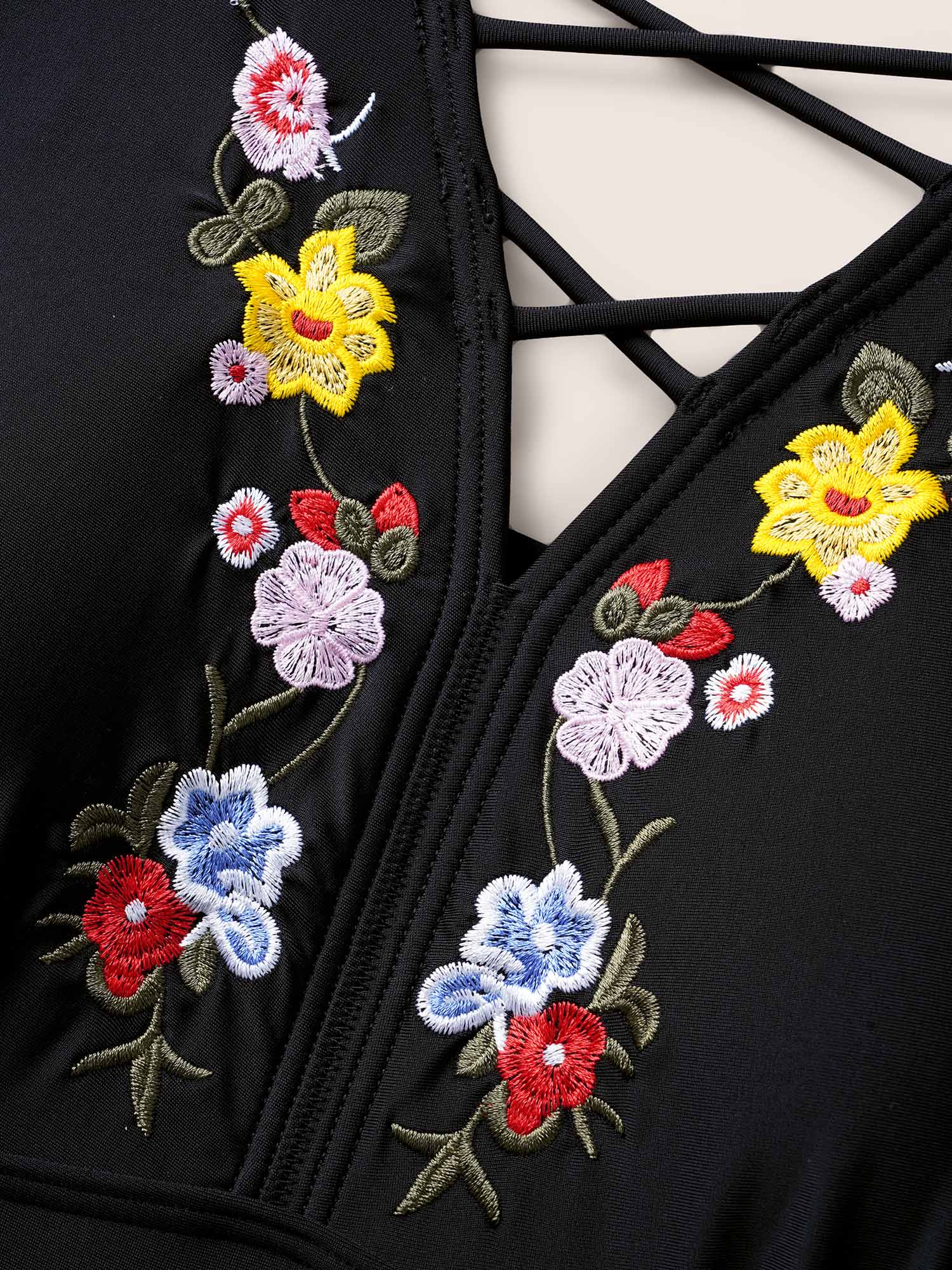 Floral Embroidered Ruched Crisscross One Piece Swimsuit - Image 5
