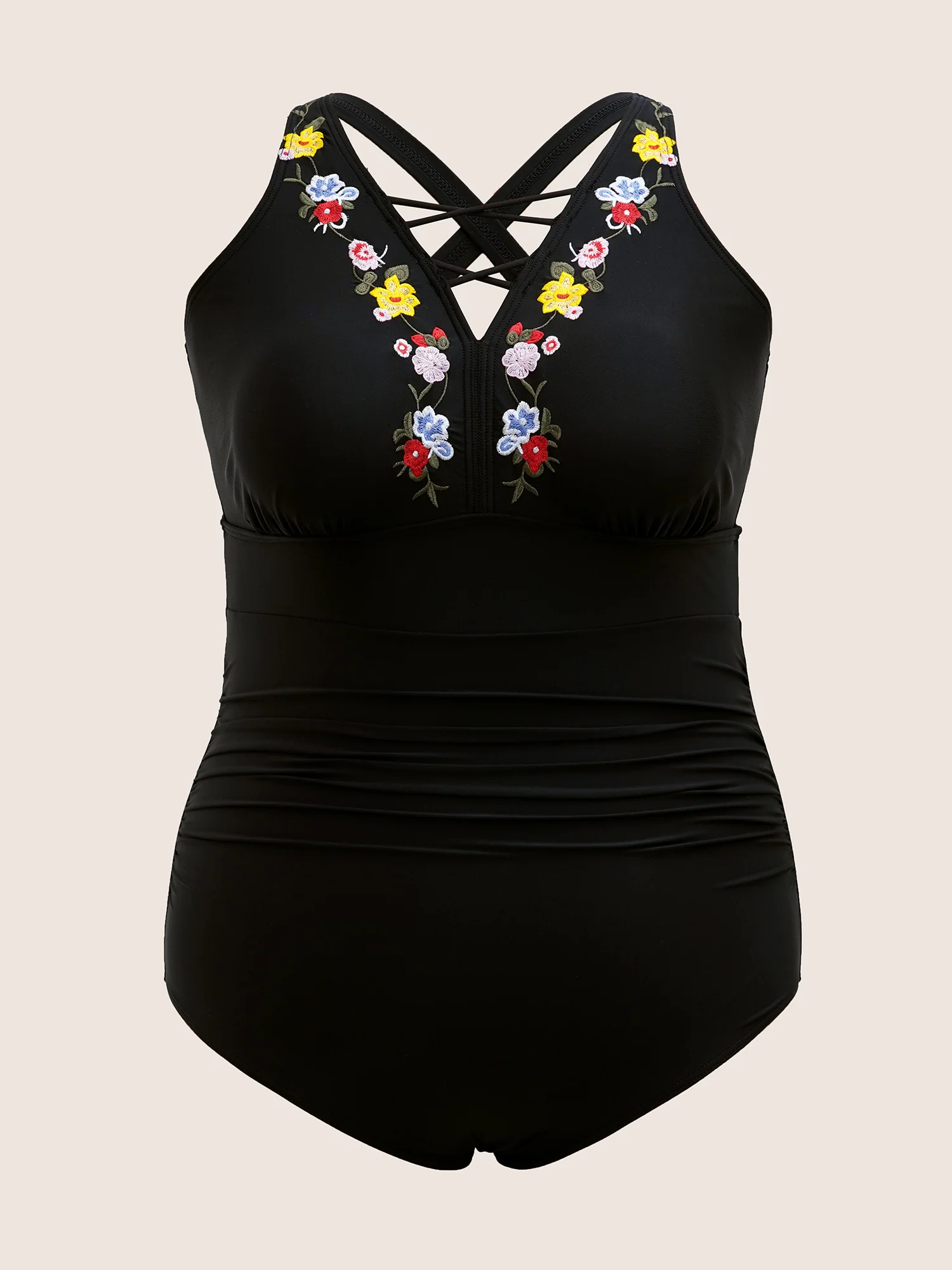 Floral Embroidered Ruched Crisscross One Piece Swimsuit - Image 7