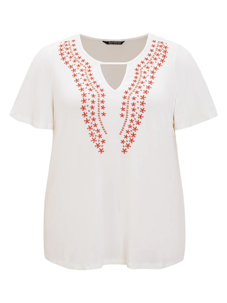Floral Embroidered Ruffle Sleeve Keyhole Neck T-shirt - Image 10