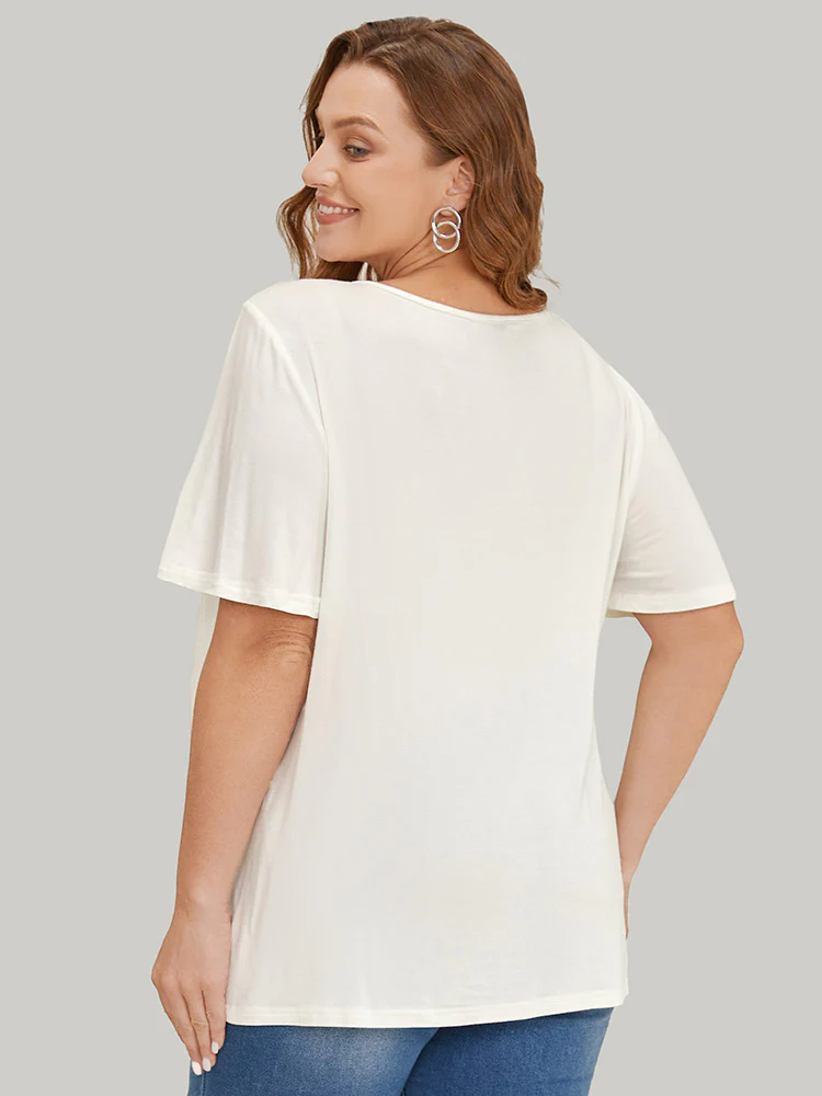 Floral Embroidered Ruffle Sleeve Keyhole Neck T-shirt - Image 2