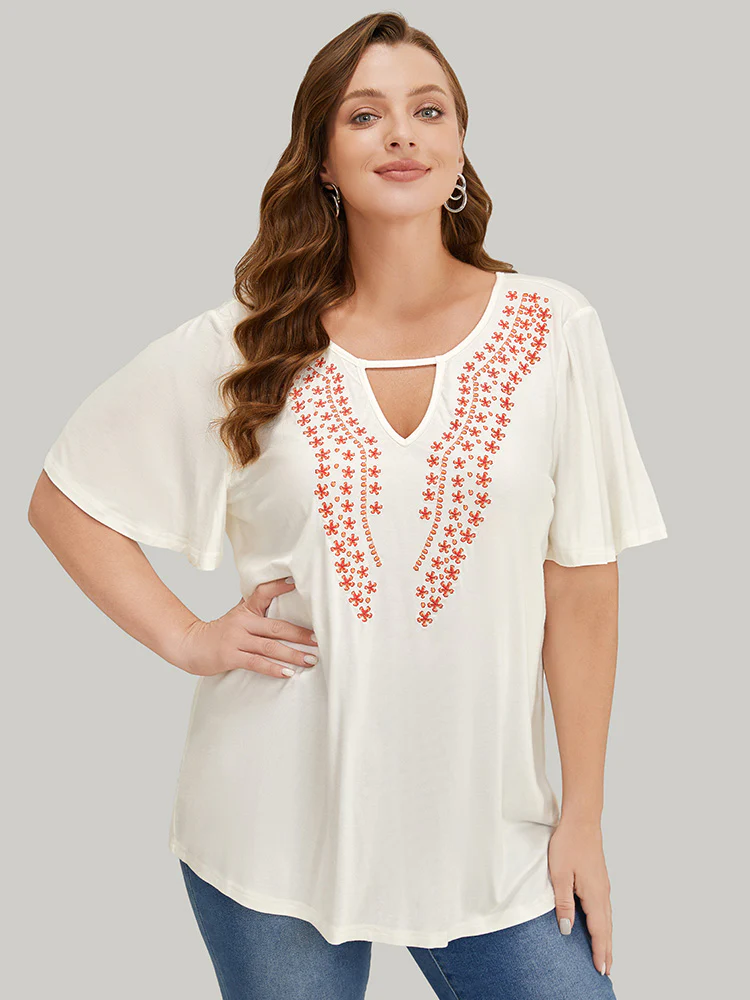 Floral Embroidered Ruffle Sleeve Keyhole Neck T-shirt - Image 3